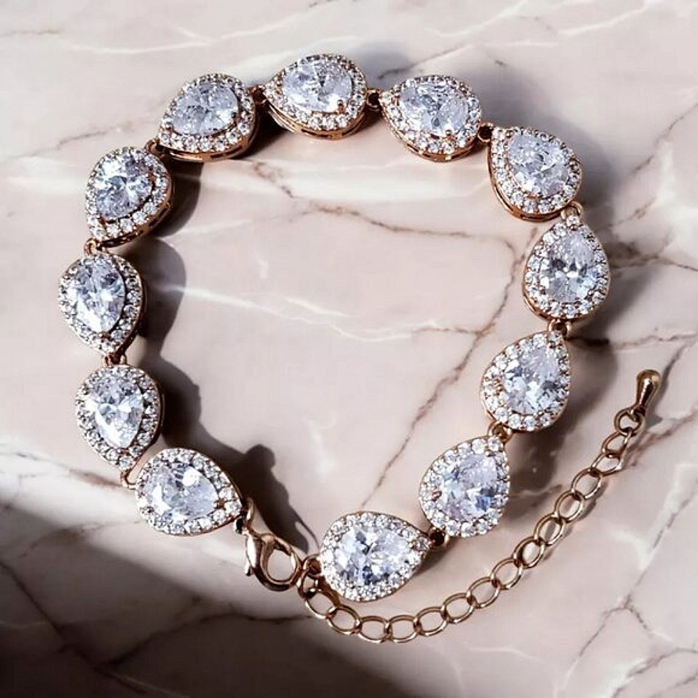 Rose Gold Plated 2 Pc Crystal Earrings & Bracelet Jewelry Set - Picture 6 of 17